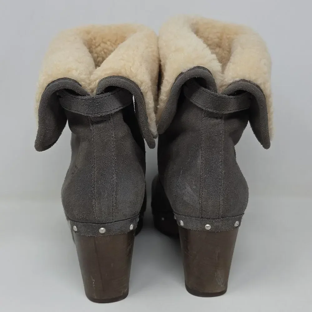 UGG Lynnea Fold Over Brown Leather Shearling Cuff Clog Boot 3204 Size 7